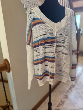 POL Open Knit Striped Boho Pullover Sweater Ivory Multi Color Size Medium EUC